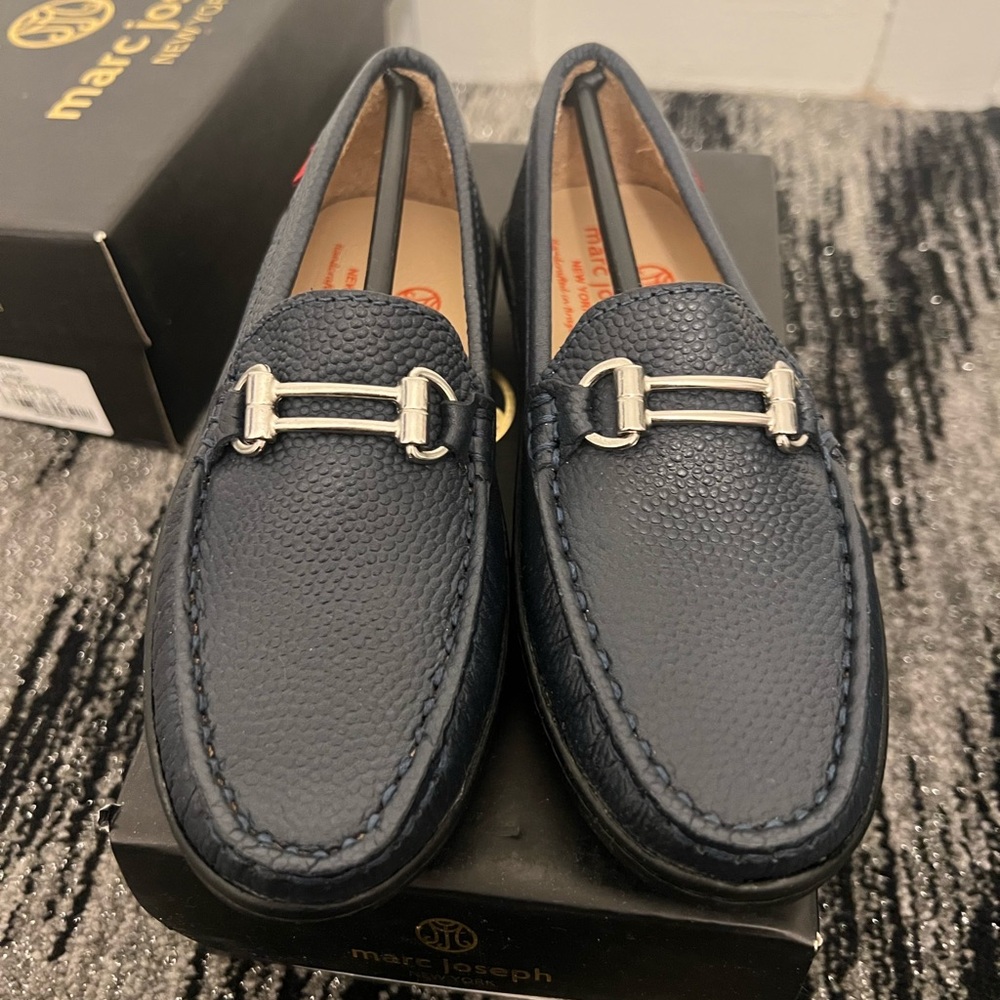 Marc Joseph Navy Pebbled Leather Bit Slip-Ons